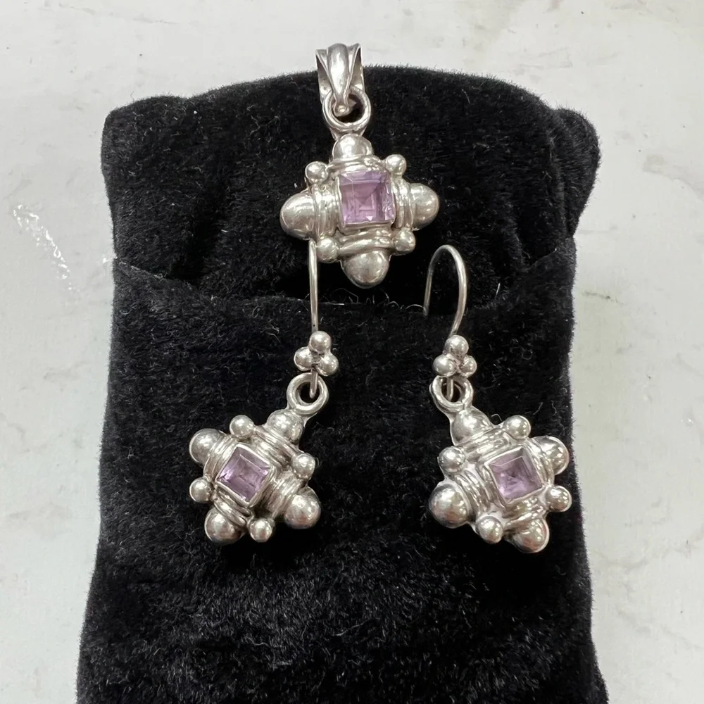 Vintage Sterling Silver Amethyst Pendant & Earring set